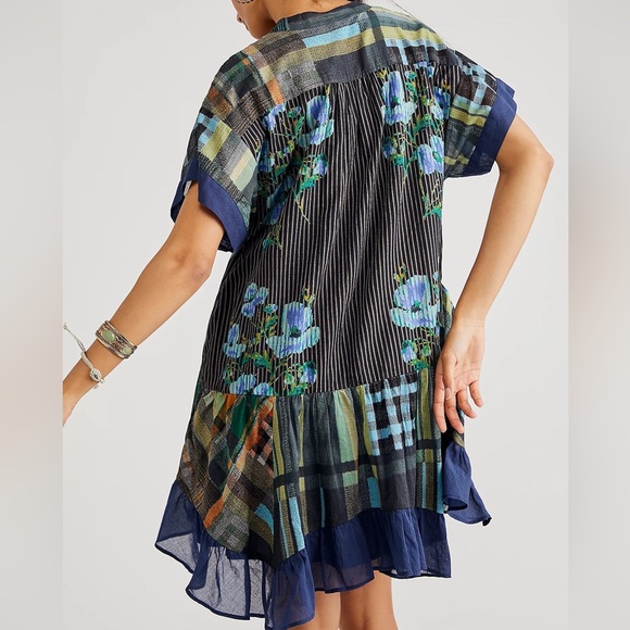 Free People Floral Plaid Printed Agnes V-Neck Swing Mini Dress Navy Blue Green - Picture 3 of 10